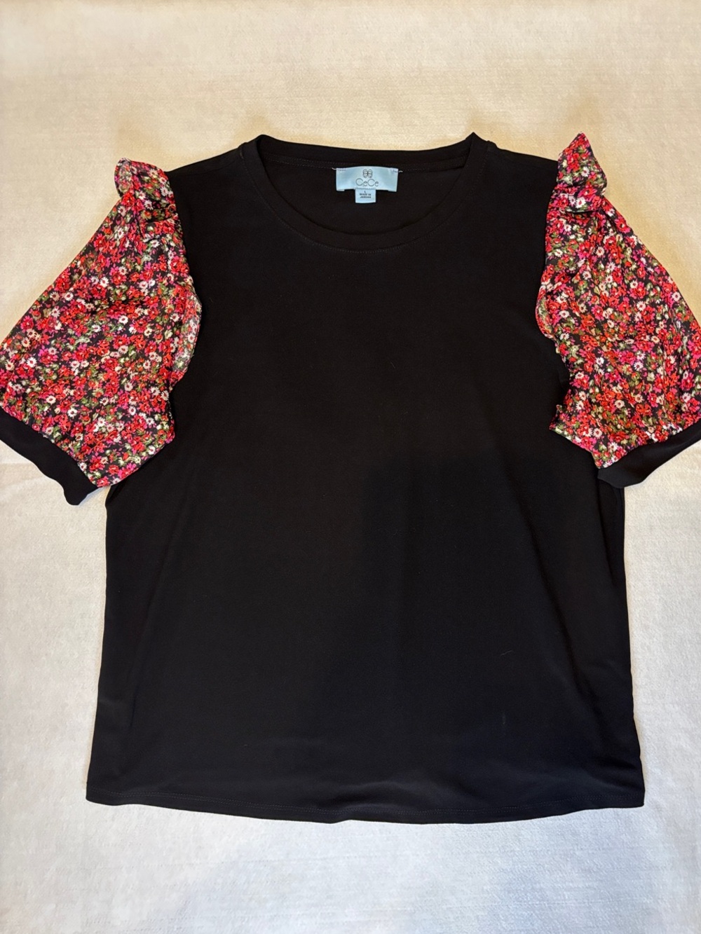 CeCe Black Tee with Red Floral Puff Sleeves
